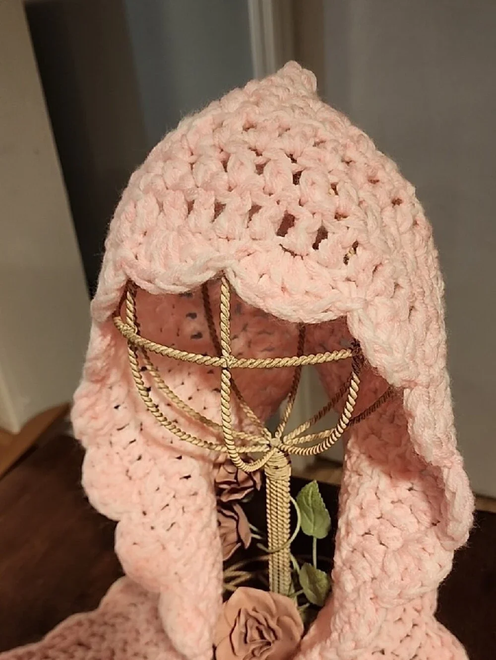 Hand Crafted Blush Pink Crochet Hooded Scarf for Kids